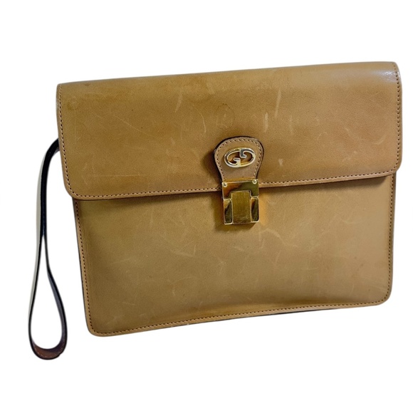 Rare Genuine Vintage GUCCI Tan Leather Clutch Wristlet Bag Made In Italy - Picture 2 of 14